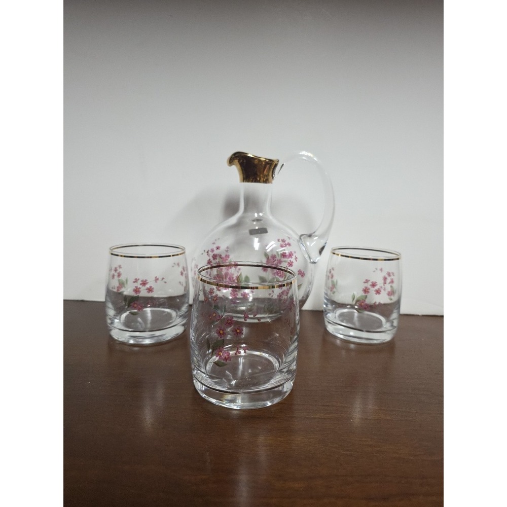 Vintage Bohemian Glass Crystal Decanter‎ with 3 Glasses Floral Design Gold Trim